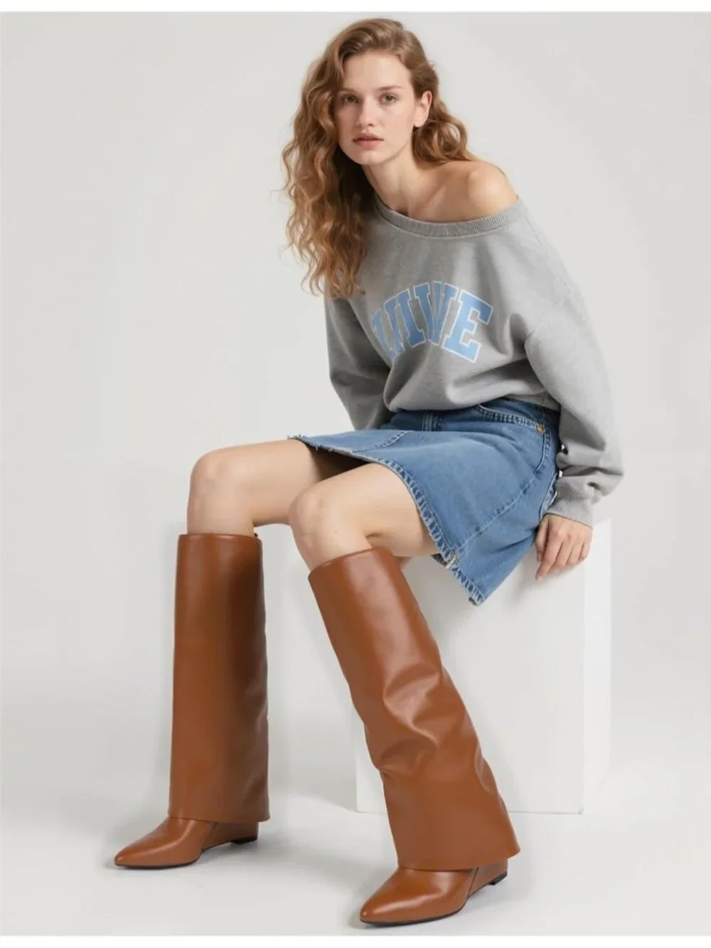 Women's Brown Pu Wedge Heel Pointed Toe Faux Leather Over The Knee Boots